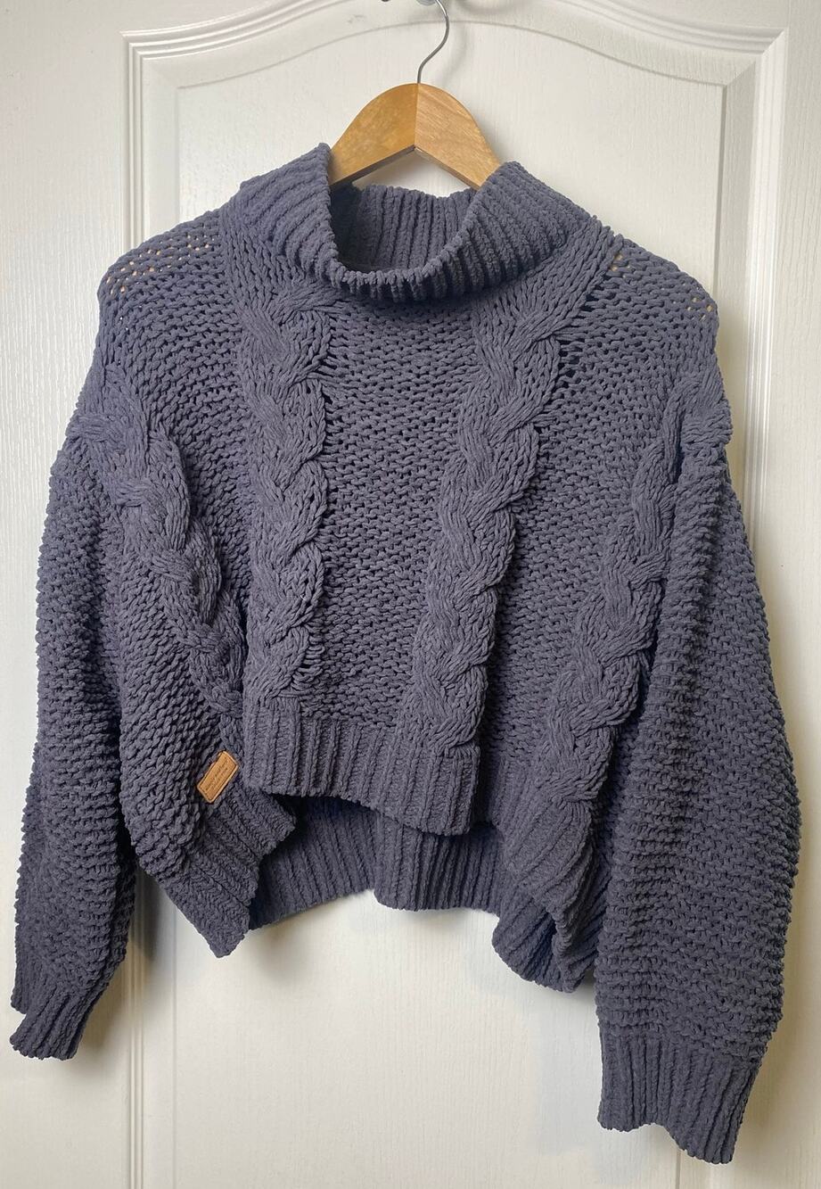 Simply Southern Chunky Cable Knit Sweater Blue Gray Cropped Turtleneck Small